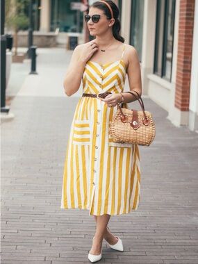 Mustard yellow/white striped cami dress button-through front, patch pockets, M